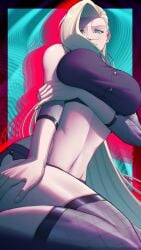1girls arm_support artist_name artist_signature bare_legs bare_thighs biting_lip black_panties blonde_hair blue_eyes bra breasts buttoned_shirt buttons clothing crop_top earrings elbow_pads english english_text female female_only fishnet_elbow_gloves fishnets from_below fully_clothed g-string hair_over_one_eye high_resolution holding_object ino_yamanaka jewelry kneehighs kunoichi large_breasts lipstick long_hair looking_at_viewer makeup midriff naruto naruto:_the_last naruto_(series) naruto_shippuden naughty_face navel ninja panties pink_lipstick pinup pose posing posing_for_the_viewer purple_crop_top purple_skirt sexy_pose shounen_jump showing_breasts skirt smooth_skin solo stockings stud_earring tettora thick_thighs thighs upper_body very_high_resolution very_long_hair viewed_from_below waist_up
