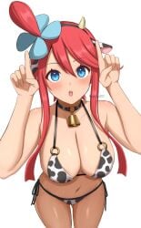 bare_arms bare_belly bare_legs bare_shoulders bare_thighs bell belly_button big_breasts bikini blue_eyes blush body_blush breasts choker cleavage collarbone cow_ears cow_print dark-skinned_female female hair_ornament hairb hairband long_hair neck_bell parted_lips pokemon red_hair shiny_skin side-tie_bikini_bottom skyla_(pokemon) surippa1010 thighs