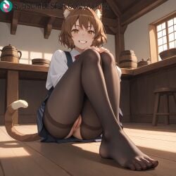 1girls ai_generated animal_ear_fluff animal_ears anus anya_fromel artist_name artist_signature ass blush brown_eyes brown_hair cat_ears cat_girl cat_tail dress dungeon_ni_deai_wo_motomeru_no_wa_machigatteiru_darou_ka feet foot_focus foreshortening grin hands_on_own_knees hi_res high_resolution highres indoors kurutai legs looking_at_viewer no_panties pantyhose pussy shirt short_hair sitting smile solo stool subscribestar subscribestar_username tail teeth toes torn_pantyhose uncensored yellow_eyes