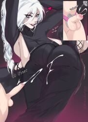 1boy 1girls asian_female ass ass_focus balls chastity_cage chastity_device clothing dominant_female female femdom ibimsjackyyy jujutsu_kaisen lingerie male mei_mei_(jujutsu_kaisen) penis small_penis submissive_male teasing white_hair