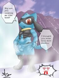 3:4 alternate_version_at_source animark_art anime_nosebleed anthro balls_outline black_body black_fur blood blue_body blue_fur bodily_fluids bulge canid canine clothing detailed_bulge english_text fur generation_4_pokemon genital_outline heart_eyes heart_symbol hi_res hot_spring male mammal muscular nintendo offscreen_character open_mouth outside pokemon pokemon_(species) pseudo_clothing red_eyes riolu solo speech_bubble steam text undressing water waterfall