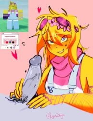 <3 1boy 1other ambiguous_gender anonymous_male big_penis clothed_other cute embarrassed erect_penis fishnet_armwear fishnet_clothing fishnets flower_crown flower_in_hair flowers_in_hair forsaken_(roblox) genderfluid genderfluid_pride_colors hands_on_penis kunislugs male noob_(forsaken) noob_(roblox) nude_male nude_male_clothed_other official_alternate_costume overalls penis pride_color_clothing pride_noob pubic_hair reference_image request roblox roblox_game robloxian shy_smile smile smiling smiling_at_viewer strawpage_request yellow_skin