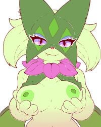 absurd_res anthro areola big_breasts breast_squish breasts clothed clothing collar digital_media_(artwork) domestic_cat exposed_breasts eyebrows eyelashes eyeliner felid feline felis female fur game_freak generation_9_pokemon genitals green_body green_fur hair hi_res huge_breasts leaf leaf_collar looking_at_viewer makeup mammal mascara meowscarada nintendo nipples nose nude nude_anthro nude_female pink_nose pokemon pokemon_(species) presenting presenting_breasts sharalythesheep simple_background solo squeezing squish