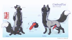animal_genitalia animal_penis anthro balls black_body black_fur bodily_fluids canid canid_taur canine canine_genitalia canine_penis canine_taur digital_sketch english_text fennec_(artist) feral fox fox_taur fur genital_fluids genitals grey_body grey_fur hi_res knot knot_in_sheath male mammal mammal_taur model_sheet penis precum red_fox sheath silver_fox sitting solo standing taur text true_fox umbralfox