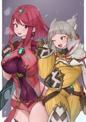 2girls absurdres big_breasts breasts catgirl female grey_hair highres large_breasts multiple_girls nia oniisan02b pyra red_eyes red_hair thick_thighs thighs xenoblade_(series) xenoblade_chronicles_2 yellow_eyes yotsuhauni