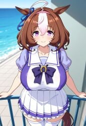 1girls ai_generated big_breasts breasts brown covered_nipples female hair large_breasts light-skinned_female light_ meisho_doto_(umamusume) skin solo white