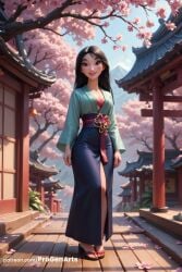 1girls ai_generated architecture artist_name black_hair breasts brown_eyes brown_hair cherry_blossoms cleavage day disney disney_princess east_asian_architecture fa_mulan female full_body hi_res japanese_clothes long_hair long_sleeves looking_at_viewer mulan mulan_(1998_film) outdoors patreon_username petals progenarts sandals sash skirt sky smile solo standing tree watermark web_address