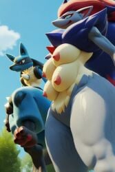 ai_generated anthro breasts duo female furry furrypornaddiction fusion hourglass_figure huge_breasts illusion lucario multi_breast nipples pokemon pokemon_(species) thick_thighs wide_hips zoroark
