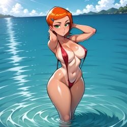 2d ai_generated ben_10 cartoon cartoon_network cartoony cute green_eyes gwen_tennyson needmymommy orange_hair sling_bikini western_art