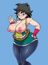 1girls battle_armor black_eyes black_hair blush breasts closed_mouth clothed clothing dragon_ball dragon_ball_super erect_nipples female gine hourglass_figure large_breasts milf mother nipples rickert_kai saiyan saiyan_armor saiyan_tail short_hair smile solo solo_female tail wide_hips wristwear