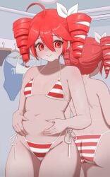 1girls 2d 2d_(artwork) ahoge ass back_view belly belly_grab big_ass big_thighs bikini blush blush breasts chubby chubby_female curvaceous curvy curvy_female curvy_figure female female_only gluteal_fold grabbing_own_belly hair_ornament hairbow kasane_teto kasane_teto_(sv) large_ass large_thighs lips navel red_eyes red_hair rolleybun side-tie_bikini small_breasts smile solo solo_female striped_bikini sweat sweating synthesizer_v thick_thighs thighs twin_drills utau wide_hips