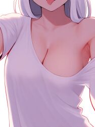 1girls ai_generated armpits bare_shoulders big_breasts breasts cerberus_(helltaker) cleavage demon demon_girl dog_girl female helltaker oversized_clothes seductive selfie solo t-shirt tongue_out white_hair white_shirt