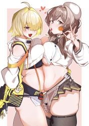 2girls absurdres apron belly-to-belly black_gloves black_thighhighs blonde_hair border bready_(nikke) breasts brown_eyes brown_hair brown_skirt candy clothing_cutout cowboy_shot crop_top cropped_sweater elegg_(nikke) female food gloves goddess_of_victory:_nikke hair_intakes heart highres holding holding_candy holding_food holding_lollipop large_breasts lollipop long_hair long_sleeves looking_at_viewer matching_hair/eyes midriff miniskirt multicolored_hair multiple_girls pink_background pleated_skirt plump purple_eyes re:ankh shirt short_hair shoulder_cutout simple_background skindentation skirt standing suspenders sweater thick_thighs thighhighs thighs two-tone_hair underboob white_border white_hair white_shirt