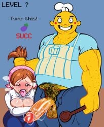1boy 1girls 2023 after_fellatio apron blowjob blush breasts cooking_mama creepypasta crossover cum female large_penis looking_at_viewer male mama_(cooking_mama) mawile123 mr_mix muscular penis pubic_hair pulling_hair succ tagme tears weird_crossover yellow_skin