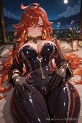 2025 ahoge ai_generated bangs black_bodysuit black_gloves blush bodysuit breasts cleavage closed_mouth earrings female female female_focus flower genshin_impact gloves hoyoverse jewelry large_breasts long_hair long_sleeves looking_at_viewer lying mavuika_(genshin_impact) mihoyo moon night night_sky nsfw on_back orange_eyes pillow red_eyes red_hair rognezart shiny shiny_clothes shiny_hair sky smile solo thighs zipper zipper_pull_tab