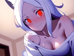1girls ai_generated bare_shoulders big_breasts breasts cerberus_(helltaker) cleavage demon demon_girl dog_ears dog_girl female helltaker oversized_clothes red_eyes solo t-shirt white_hair white_shirt