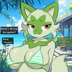 1:1 2025 a anthro anthro_pokemon anthrofied beach big_breasts bikini breasts breeding_request cleavage clothed clothing dialogue digital_media_(artwork) english_text evaacii fangs felid feline female fur generation_9_pokemon green_body green_fur hi_res impregnation_request looking_at_viewer mammal nintendo pokemon pokemon_(species) pokemorph red_eyes smile solo sprigatito swimwear tail teeth text two-piece_swimsuit