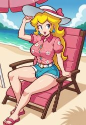 ai_generated beach big_breasts breasts clothing erection futanari hat headwear intersex jeans mario_(series) nintendo princess_peach shirt solo sun_hat