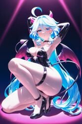 1girl absurd_res ahoge ai_generated alternate_breast_size alternate_costume armpits arms_behind_head arms_up ass bare_legs bare_shoulders black_choker black_footwear black_gloves black_leotard blue_eyes blue_hair blush breasts choker cleavage collarbone colored_inner_hair cowlick demon_girl demon_horns demon_tail demon_wings drop-shaped_pupils elbow_gloves fake_horns fake_tail fake_wings female full_body furina_(genshin_impact) genshin_impact gloves hair_between_eyes hair_intakes halloween heterochromia high_heels highleg highleg_leotard horns knee_up large_breasts latex legs leotard light_blue_hair long_hair looking_at_viewer medium_breasts ministro mismatched_pupils multicolored_hair nontraditional_playboy_bunny on_one_knee pantyhose parted_lips pink_wings playboy_bunny presenting_armpit pumps red_horns red_wings shadow shiny_skin shoes sideboob sidelocks skindentation solo spotlight squatting stage stage_lights stiletto_heels strapless strapless_leotard strappy_heels streaked_hair swept_bangs tail thick_thighs thigh_strap thighs toe_cleavage two-tone_hair very_long_hair wavy_hair white_hair wings