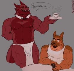 anthro biceps canid canine canis domestic_dog dragon duo fur german_shepherd herding_dog hi_res male male/male mammal mythological_creature mythological_scalie mythology nipples pastoral_dog red_body red_scales scales scalie shouty_(xshouty) vein veiny_muscles wulfer-shepherd wulfer_(character)