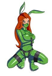argrim bondage bondage_outfit bunny_ears bunny_girl face_mask facemask latex legbinder mouth_mask muzzle_gag muzzled sam_(totally_spies) shiny_clothes straitjacket totally_spies