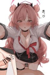 1boy 4jiri absurdres bar_censor black_choker black_skirt blue_archive blush breasts censored choker cleavage commentary_request double_bun fake_horns female hair_bun halo highres horn_hairband horns imminent_penetration jewelry just_the_tip kirara_(blue_archive) large_breasts long_hair looking_at_viewer loose_neck_ribbon male neck_ribbon necklace open_collar partial_commentary partially_translated partially_unbuttoned penis pink_eyes pink_hair pov red_ribbon ribbon shirt skirt standing thigh_strap translation_request white_shirt