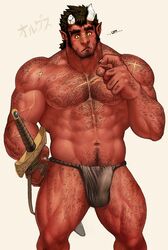 abs balls_outline bara biceps big_muscles body_hair broken_horn bulge chest_hair clothed clothing demon erect_nipples erection erection_under_clothes fangs fantastic_boyfriends:_legends_of_midearth fundoshi hair hairy holding_weapon horn humanoid incubus japanese_clothing loincloth male male_only melee_weapon muscular muscular_male ogre oni orgus pecs penis_outline pockyrumz red_oni red_skin scar solo standing sword teeth tokyo_afterschool_summoners topless underwear vein vpl weapon