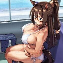 ai_generated animal_ears blue_eyes brown_hair el_condor_pasa_(umamusume) embarrassed female horse_girl long_hair mask masked public_transportation umamusume umamusume_pretty_derby white_bikini