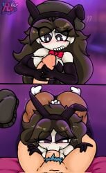 1boy 1girls big_ass brown_hair bunnysuit friday_night_funkin friday_night_funkin_mod masturbation medium_breasts p.legacy_fnf penis powerblueflower prostitution purple purple_eyes skyblue_(neet_form) sucking