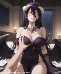 ai_assisted ai_generated akira_hentai albedo_(overlord) boobs_out breasts date dating demon demon_girl door female flirting fondling_breast grabbing_breasts groping guided_breast_grab horns horns_girl horny in_doorway inviting looking_down opening patreon_reward patreon_username showing_breasts shushing wings