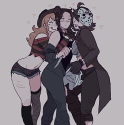 3girls a_nightmare_on_elm_street bishoujo_terror blush breast_press breasts brown_hair cleavage clothed fedora female female_only freddy_krueger friday_the_13th halloween_(series) hat hockey_mask jason_voorhees jean_shorts jumpsuit knife mask michael_myers michael_myers_(bishoujo_terror) midriff multiple_girls pants ponytail scratches short_shorts shorts tank_top thighhighs thighs tongue yuri