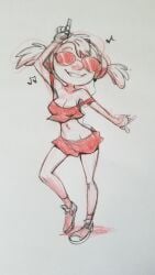 2020 breasts cartoon_network cleavage colored_sketch dancing female female_only fluffy_(artist) gray_background grey_background headphones listening_to_music michelene_mavinsky mike_lu_and_og musical_note red_skirt red_tank_top sketch skirt sunglasses tank_top