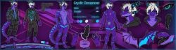 abs absurd_res animal_genitalia anthro athletic blue_eyes blue_markings clothing countershading dragon english_text feet genital_slit genitals grydir_dacanoor_(griffonki) gun hair handgun hi_res hoodie horn katana male markings melee_weapon model_sheet mythological_creature mythological_scalie mythology natkra navel p226 pecs penis pistol purple_body ranged_weapon scales scalie solo sword tail text topwear ventral_scales weapon white_hair wings