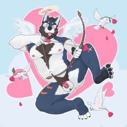 1:1 2025 ambient_bird anthro arrow_(weapon) ass avian balls beard bird blush body_hair brown_hair canid canine canis chastity_cage chastity_cage_only chastity_device chastity_device_only chest_hair columbid cupid's_arrow dove facial_hair flower genitals hair halo heart_eyes heart_symbol hi_res holidays looking_at_viewer male mammal mature_male multicolored_body navel nipples nude one_eye_closed orangebear pawpads penis plant pubes ranged_weapon rasker rose_(flower) simple_background solo tongue tongue_out valentine's_day weapon wearing_chastity_cage wearing_chastity_device wings wink wolf
