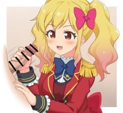 1boy aikatsu!_(series) aikatsu_stars! bar_censor blonde_hair blue_bow blue_bowtie blush bow bowtie censored commission female frilled_shirt frilled_sleeves frills gradient_hair handjob highres long_sleeves looking_at_another looking_at_penis male multicolored_hair nijino_yume open_mouth penis pixiv_commission red_eyes red_suit shirt smile solo_focus straight suit teeth tongue upper_teeth_only wavy_hair yoban