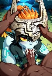 1boy ai_generated big_ass blonde_hair blowjob breasts cum cum_in_mouth dark-skinned_male fellatio female imp large_penis male midna on_knees penis pointy_ears ponytail red_eyes size_difference small_breasts sweat the_legend_of_zelda thick_thighs veiny_penis