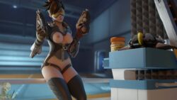 3d blender casual casual_nudity female firearm gun guns handgun human mrbonessfm overwatch pale_skin solo thighhighs tracer weapon