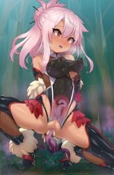 absurdres aphrodisiac bangs bare_shoulders black_footwear black_gloves black_leotard blush boots breasts censored chloe_von_einzbern cosplay covered_navel elbow_gloves fate/kaleid_liner_prisma_illya fate_(series) female fur_trim gloves hair_between_eyes hair_bun haizuru highleg highleg_leotard highres leotard long_hair mizuki_yukikaze mizuki_yukikaze_(cosplay) orange_eyes pink_hair sidelocks single_hair_bun small_breasts solo spread_legs taimanin_(series) taimanin_suit taimanin_yukikaze tentacle tentacle_sex thigh_boots thighhighs vaginal_penetration