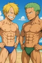 2boys ai_generated beach blonde_hair green_hair guy male male_only one_piece roronoa_zoro sanji vinsmoke_sanji