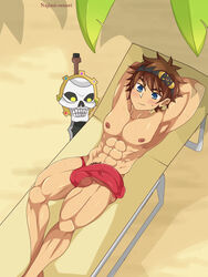 1boy abs balls bara beach beach_chair big_balls big_penis blue_eyes blush brown_eyes bulge chair first_porn_of_franchise hands_behind_head huge_cock koharun_(artist) large_penis legs lying male male_only muscles muscular muscular_legs muscular_male muscular_thighs najimi-sensei palm_tree pecs penis penis_bulge penis_shaped_bulge seaside short_hair small_but_hung solo teen thick_penis thick_thighs thighs underwear yaoi young zak_storm zak_storm_super_pirate