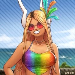 1:1_aspect_ratio animal_ears bangs bare_shoulders blonde_hair brazilian brazilian_mirko breasts bunny_ears bunny_girl clavicle cleavage clothing crop_top dark-skinned_female dark_skin earrings eyewear feather_hair_ornament feathers female female glasses grin hair_ornament high_resolution hoop_earrings jewelry large_breasts long_hair looking_at_viewer mirko multicolored multicolored_clothes necklace outdoors parted_bangs red-tinted_eyewear red_eyes sky smile solo sunglasses tanned teeth tinted_eyewear upper_body yolkiin
