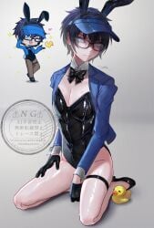 1boy 1male amachihiro_(artist) background black_hair black_high-heels black_high_heels blue_eyes blue_hair blue_jacket bodysuit boy bunny_boy bunny_costume bunny_ears bunnysuit duck femboy femboy_only feminine_body feminine_male feminine_pose feminized_male gacha gacha_art gacha_life gacha_life_2 glasses high_heels jacket latex light-skinned_male light_skin looking_at_viewer luni_(lunime) lunime male male_only serious serious_face short_hair simple_background simple_shading sitting solo solo_focus solo_male twink visor