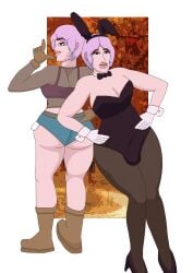 1futa bulge bulge_through_clothing bunny_ears bunnysuit futa_only futanari gloves heart-shaped_pupils intersex nasty_byte original_character pink_hair short_hair