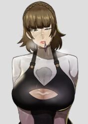 1girls after_paizuri after_sex annoyed annoyed_expression atlus big_breasts breasts brown_hair condom condom_in_mouth cum cum_on_breasts cum_on_clothes cum_on_face doublehero female huge_breasts light-skinned_female light_skin makoto_niijima messy_hair persona persona_5 short_hair simple_background tagme yellow_eyes