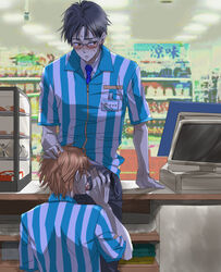 2boys black_hair blush cashier convenience_store dark_hair fellatio food glasses light_hair male male_focus male_only multiple_boys orange_hair public public_sex sex striped_shirt sweat yaoi