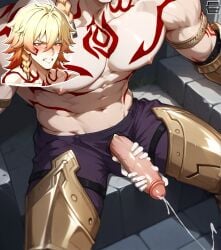 1boy abs ai_assisted ai_generated arm_tattoo armlet bangs bara blonde_hair blush braid chest_tattoo cum ejaculation erection facial_mark facial_tattoo feet_out_of_ frame hair_between_eyes handjob head_out_of_frame honkai:_star_rail large_pectorals large_penis male male_focus male_masturbation medium_hair multicolored_hair multiple_boys muscular mydei_(honkai:_star_rail) navel nipples orange_eyes pants pectorals penis projectile_cum pubic_tattoo short_hair sitting solo_focus stomach tattoo teeth thick_thighs thighs topless_male veins veiny_penis yaoi yaotashi