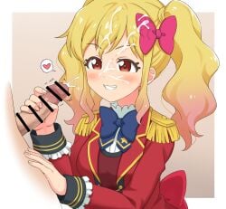 1boy aikatsu!_(series) aikatsu_stars! bar_censor blonde_hair blue_bow blue_bowtie blush bow bowtie censored commentary_request commission cum cum_on_body facial female frilled_shirt frilled_sleeves frills gradient_hair grin handjob heart highres long_sleeves looking_at_another looking_at_penis male multicolored_hair nijino_yume penis pixiv_commission red_eyes red_suit shirt smile solo_focus spoken_heart straight suit teeth tongue wavy_hair yoban