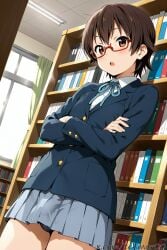 1boy ai_generated brown_eyes brown_hair bulge cosplay crossed_arms femboy genderswap_(ftm) glasses hairclip k-on! library looking_at_viewer male nodoka_manabe_(k-on!) rule_63 sakuragaoka_high_school_uniform school_uniform short_hair solo standing tagme tehmar trap