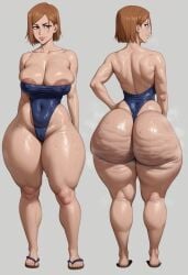 ai_generated areolae ass big_ass big_breasts breasts brown_eyes brown_hair bubble_butt cellulite curvy fat_ass feet flip_flops jujutsu_kaisen kugisaki_nobara leotard nobara_kugisaki oiled sagging_breasts short_hair strapless_leotard sweaty_ass swimsuit taiga20 thick thick_ass thick_thighs voluptuous voluptuous_female