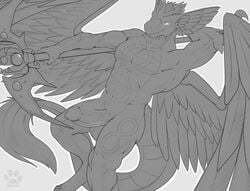 anthro avian balls erection fasttrack37d feathered_wings feathers greyscale gryphon humanoid_penis male male_only markings monochrome muscular muscular_male no_pupils nude penis solo vein wings